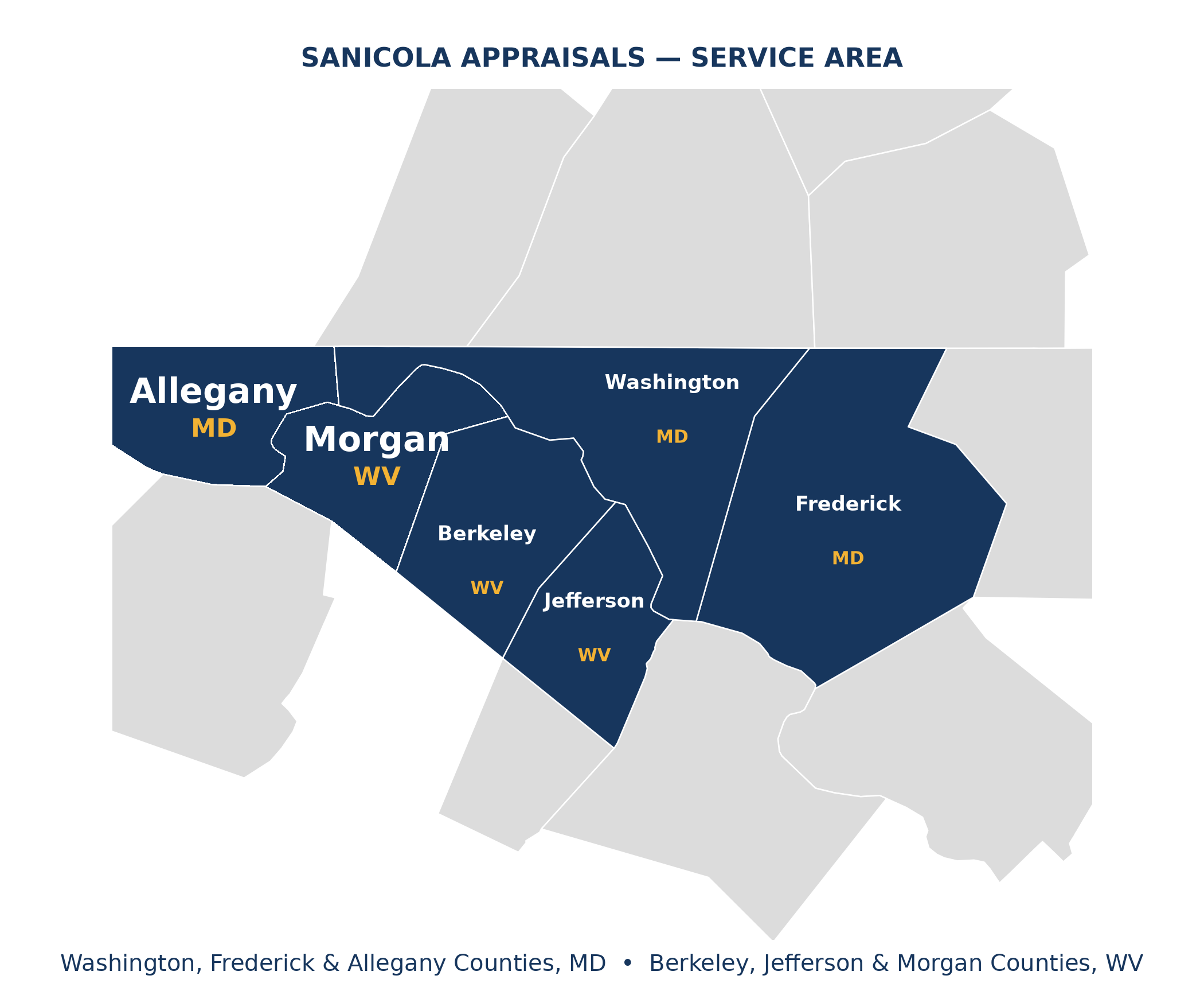 Map of the Sanicola Appraisals service area: Washington, Frederick, and Allegany Counties in Maryland, Berkeley, Jefferson, and Morgan Counties in West Virginia